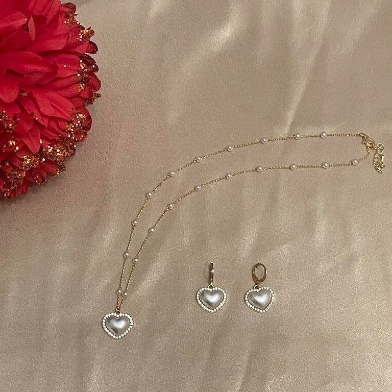 Pearl Heart Earrings & Necklace