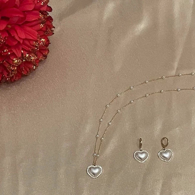 Pearl Heart Earrings & Necklace