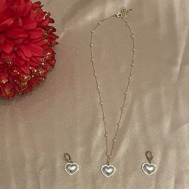 Pearl Heart Earrings & Necklace
