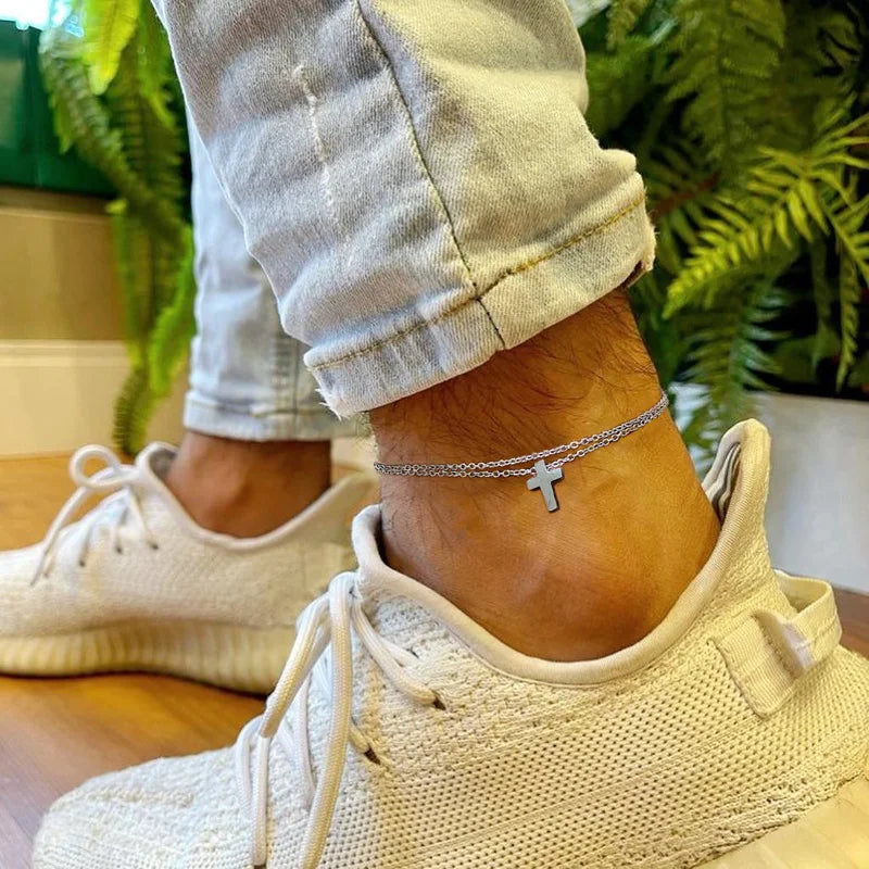 Men's Anklet With Cross Charm Look