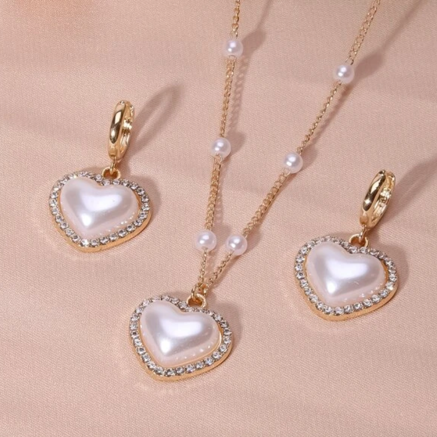 Pearl Heart Earrings & Necklace