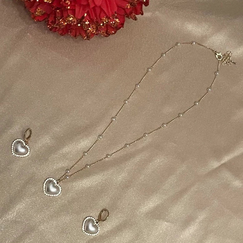 Pearl Heart Earrings & Necklace